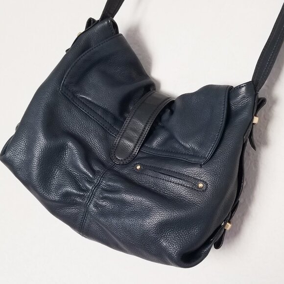 B. Makowsky Navy Blue Black Genuine Leather Shoulder Bag Gold Hardware Hobo Y2K - Picture 8 of 16